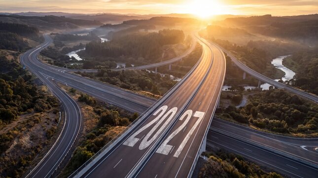 Aerial highway junction with 2027 marking leading toward sunrise, symbolizing future direction, new opportunities, strategic choices, progress and business planning.