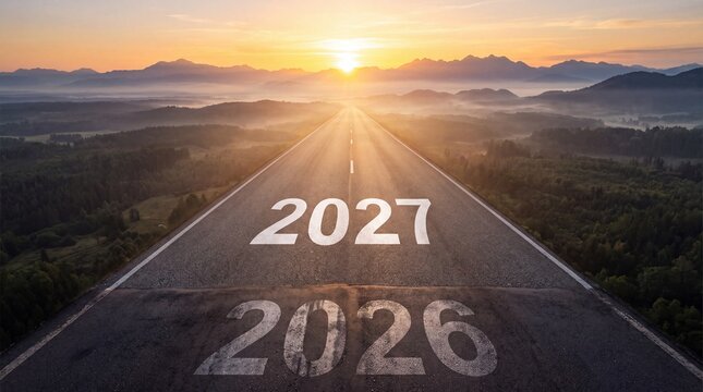 Road from 2026 to 2027 leading toward a bright sunrise, symbolizing new year transition, future goals, fresh opportunities, progress and new beginnings.