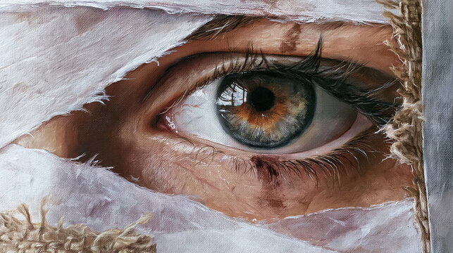 A close-up photograph of a striking human eye peering intently through a tear in worn, wrapped linen bandages and burlap, capturing a dramatic texture.