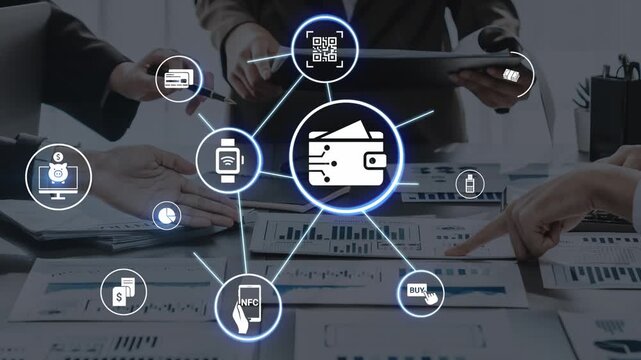 Digital wallet icons show mobile payment, digital wallet transfer, and online banking. Digital wallet supports secure payment, cashless transactions, and financial integration. Funnel