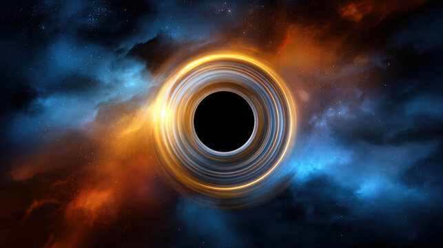 A visually striking depiction of a black hole, radiating intense light and surrounded by vibrant cosmic clouds. This representation captures the awe-inspiring power and mystery of the universe.