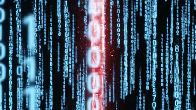 Digital key made of glowing red blocks with falling binary code