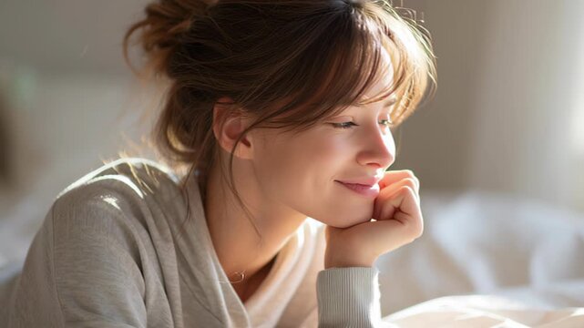 4k footage close up of smiling woman resting chin on hand in warm golden sunlight