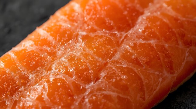 Macro detail of fresh raw salmon fillet showing vibrant orange meat texture and sea salt seasoning on slate background