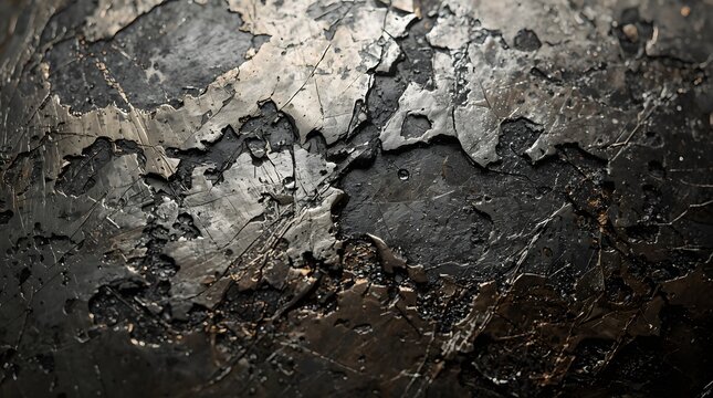 Extreme macro photography of a textured dark metallic surface with fine flaking details and weathered organic patterns