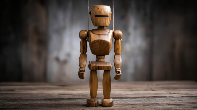 A wooden marionette puppet stands on a rustic wooden surface, its strings suspended above, against a blurred background of weathered wooden planks