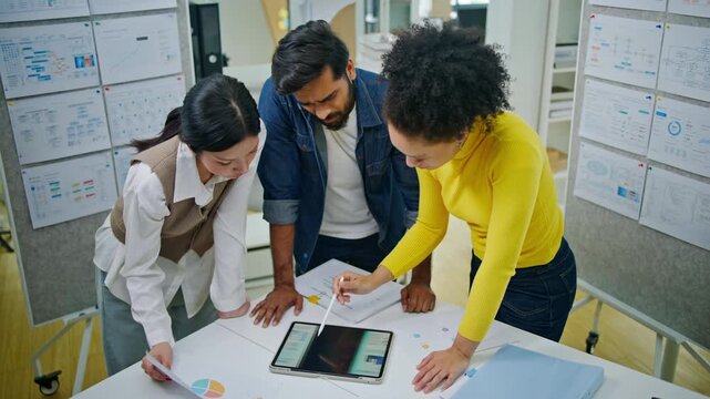 Group of creative Businesspeople brain storm meeting presentation,discussing roadmap to product launch, planning,strategy,dashboard,new business development,working with new startup project in office