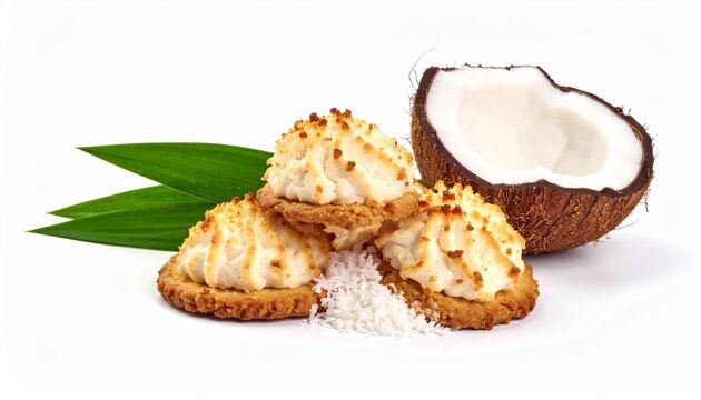sweet baked coconut macaroon cookies on white background