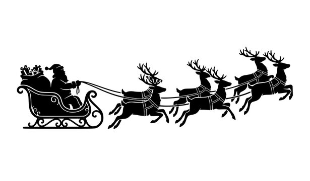 Santa sleigh with flying reindeer Christmas silhouette vector illustration for holiday graphics