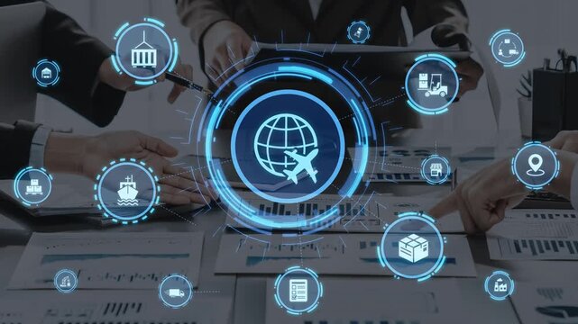 Global shipping icons show transport, loFunnelics, and cargo delivery. Global shipping connects supply chain, global shipping management, and worldwide goods distribution. Funnel