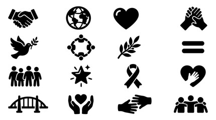 Fototapeta premium Collection of black icons representing unity, peace, love, and community support.