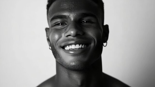 The shows a young man smiling, with a joyful expression. He appears to be a teenager or young adult. The background is neutral and does not distract from the subject.