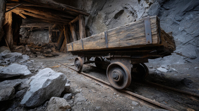 An old wooden mine cart on tracks inside a dimly lit mine tunnel with rocks and wooden beams