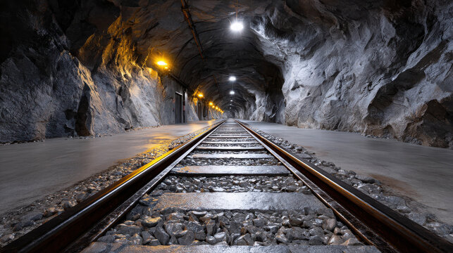A long, dark tunnel with railway tracks running through it. The tunnel is lit by several lights along the walls