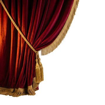 Red velvet theater stage curtain draped back with elegant gold tassels and trim isolated on transparent