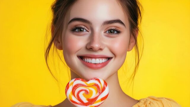 Bright yellow background. Young woman smiles warmly. Lollipop held near her lips. Soft, natural makeup enhances her features. Her hair is gently pulled back