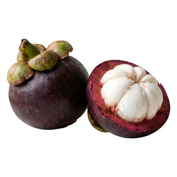 Fresh mangosteen tropical fruit one whole and one cut open isolated on transparent
