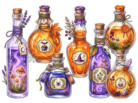 Hand-drawn Halloween potion bottles with purple and orange labels and dried flowers isolated on white