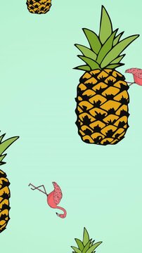 Animation of flamingo icons over pineapples icons