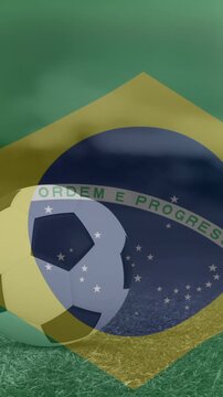Animation of flag of brazil over football on stadium