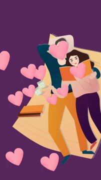 Animation of caucasian couple reading on blanket over purple background with hearts