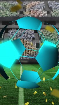 Animation of neon soccer ball over sport stadium and confetti