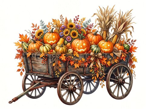 Autumn harvest wagon overflowing with pumpkins, gourds, and fall flowers for seasonal decoration and festive display