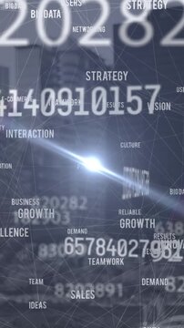 Animation of data processing and numbers over cityscape