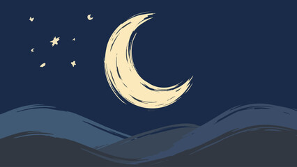 Naklejka premium Minimalist abstract night landscape vector illustration with textured brush stroke crescent moon and dark hills