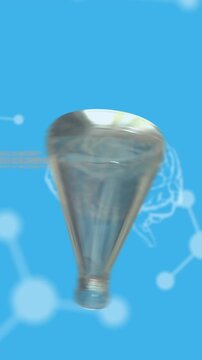 Animation of turning test flask, dna strand and brain diagrams over blue background