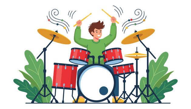 Young man playing red drum kit vector illustration with cymbals sticks bass drum tom toms and abstract musical notes in creative performance flat cartoon design