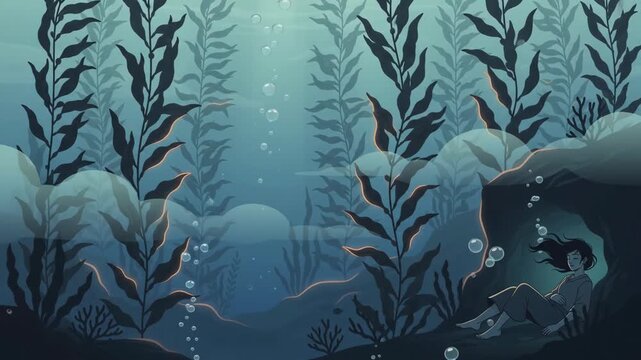 Underwater scene with a person sitting on the seabed among tall kelp forests and rising air bubbles, deep blue ocean environment.