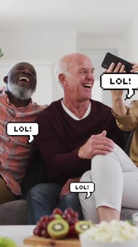 Animation of lol texts over diverse group of seniors laughing