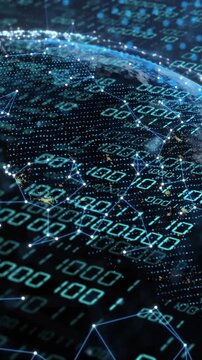 Animation of globe with binary coding and data processing over dark background