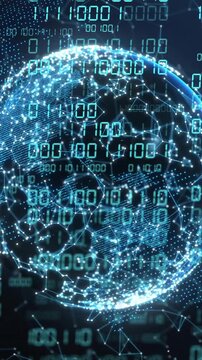 Animation of globe with binary coding and data processing over dark background
