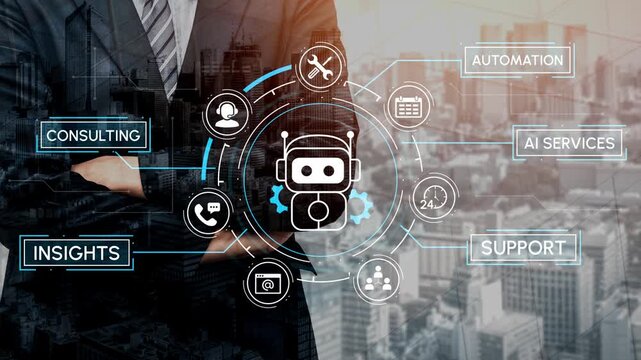 Businessman with cross arms in suit showcasing digital interface with automation, AI services, consulting, support, and insights against cityscape background. Entropy.