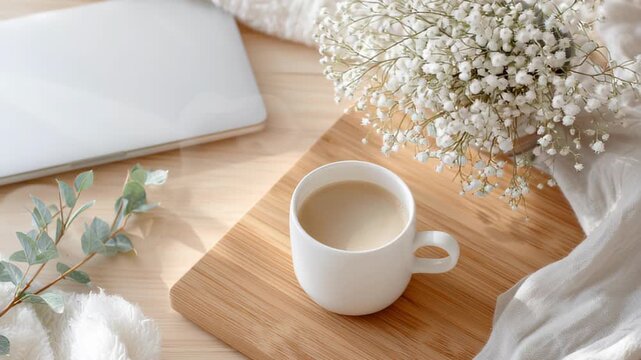 4k footage of morning coffee cup on wooden table beside laptop and baby breath flowers