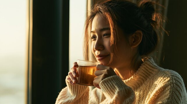 Asian woman is sipping hot tea or coffee with a calm, contemplative expression on a cozy indoor morning.