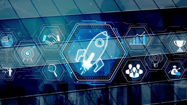 Futuristic Business Technology Concept Featuring Rocket Launch Icon with Graphs and Icons in Urban Environment Sigmoid