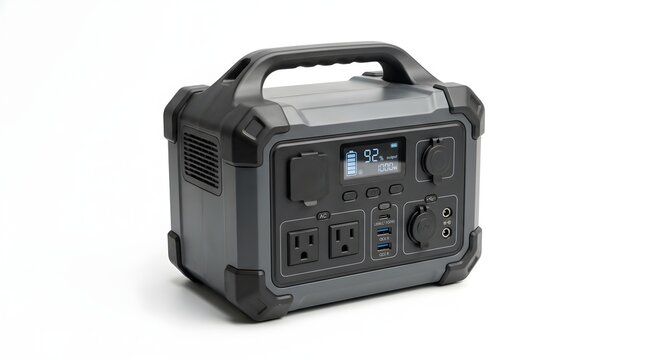 Portable rechargeable power station with AC outlets and USB ports for outdoor camping energy storage on white background