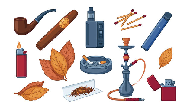  Smoking accessories vector element set with cigar pipe vape electronic cigarette lighters hookah and dried tobacco leaves