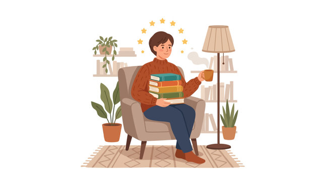Young man sitting in armchair holding books and coffee cup in a cozy home library flat vector element.