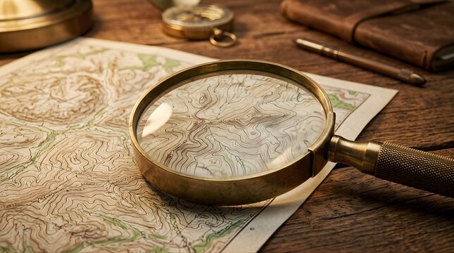 Brass magnifying glass over topographic map on rustic wooden desk