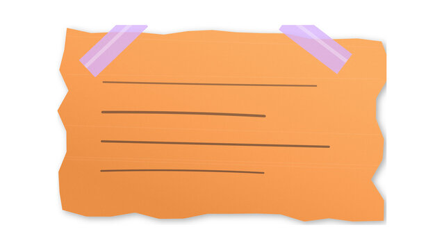 Torn orange note paper with lines and purple tape for messages.