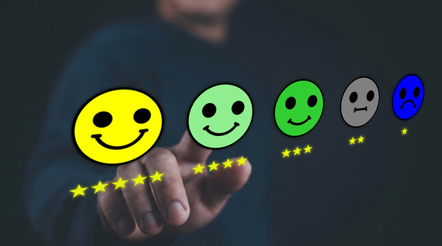 Customer review good rating concept with hand offering users five star on visual screen