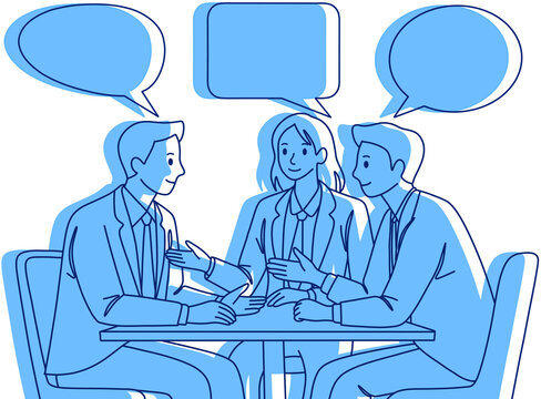 A business team consisting of men and women engaged in discussion and communication, complete with dialogue in speech bubbles. A line sketch illustration with blue silhouettes