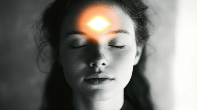 A young woman with closed eyes and a glowing third eye on her forehead.