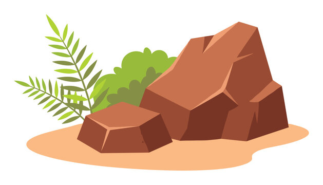PrintLarge brown desert rocks with green tropical fern leaves and bushes on sand isolated vector illustration asset