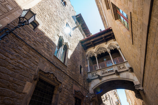 Neogothic Bridge at Carrer del Bisbe (Bishop Street) in the Famous Gothic Quarter of Barcelona City