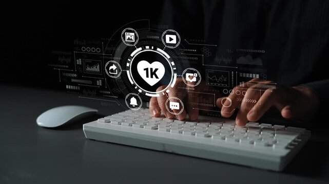 Hands Typing on Keyboard with Digital Symbols of Engagement, Social Media and Technology in Dark Background for Concepts of Connection and Communication. Entropy.